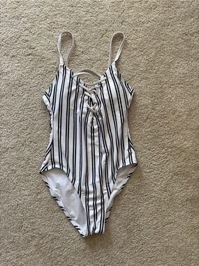 Nautica Navy & White Striped Lace-Up One-Piece Swimsuit